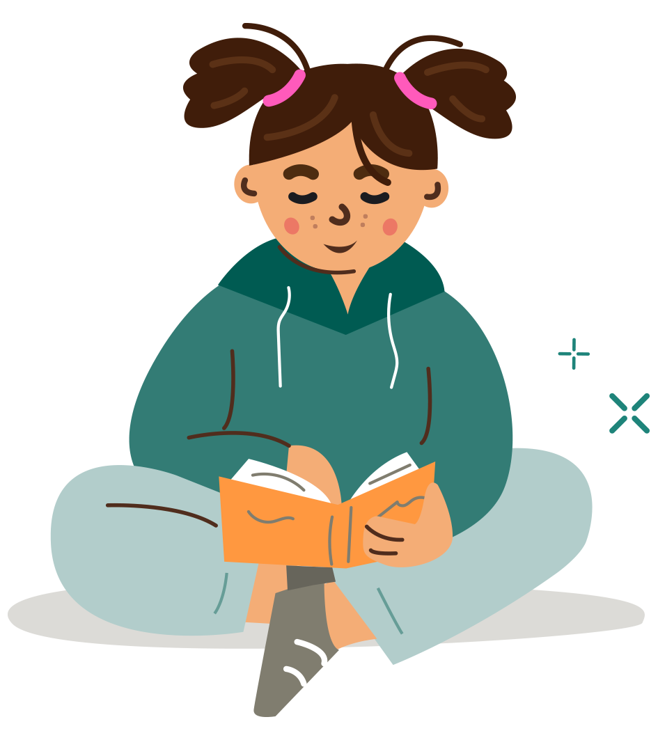 Illustration of a girl sat cross-legged reading a book
